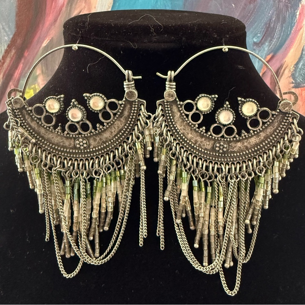 All Saints Silver-tone Boho Fringe Hoop Earrings with Pale Pink Accents
